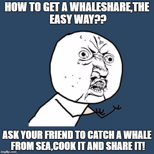 Y U No Meme | HOW TO GET A WHALESHARE,THE EASY WAY?? ASK YOUR FRIEND TO CATCH A WHALE FROM SEA,COOK IT AND SHARE IT! | image tagged in memes,y u no | made w/ Imgflip meme maker