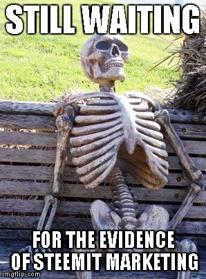 Waiting Skeleton Meme | STILL WAITING; FOR THE EVIDENCE OF STEEMIT MARKETING | image tagged in memes,waiting skeleton | made w/ Imgflip meme maker