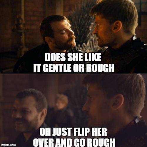 DOES SHE LIKE IT GENTLE OR ROUGH; OH JUST FLIP HER OVER AND GO ROUGH | image tagged in game of thrones | made w/ Imgflip meme maker