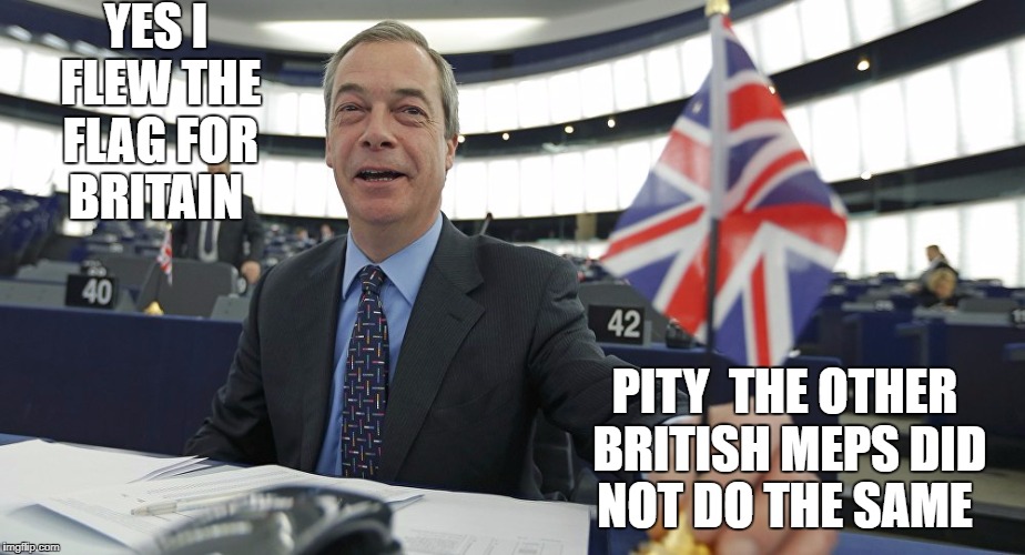 YES I FLEW THE FLAG FOR BRITAIN; PITY  THE OTHER BRITISH MEPS DID NOT DO THE SAME | image tagged in nigel farage | made w/ Imgflip meme maker