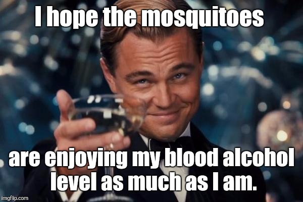 Leonardo Dicaprio Cheers | I hope the mosquitoes; are enjoying my blood alcohol level as much as I am. | image tagged in memes,leonardo dicaprio cheers | made w/ Imgflip meme maker
