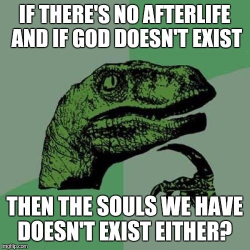 Philosoraptor | IF THERE'S NO AFTERLIFE AND IF GOD DOESN'T EXIST; THEN THE SOULS WE HAVE DOESN'T EXIST EITHER? | image tagged in memes,philosoraptor | made w/ Imgflip meme maker