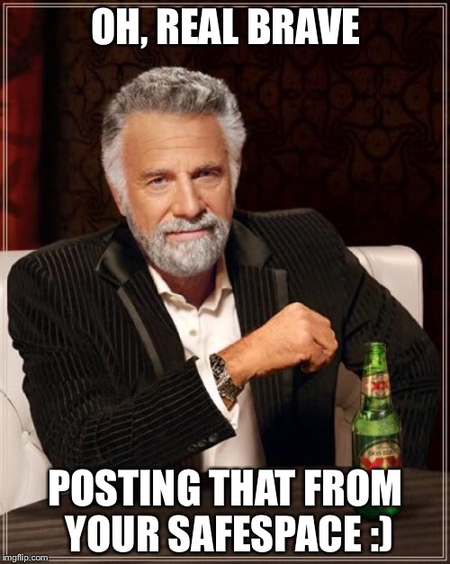 The Most Interesting Man In The World Meme | OH, REAL BRAVE POSTING THAT FROM YOUR SAFESPACE :) | image tagged in memes,the most interesting man in the world | made w/ Imgflip meme maker