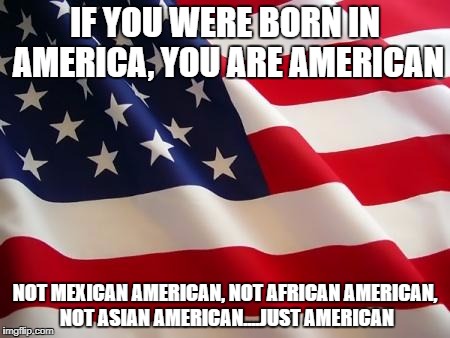 American flag | IF YOU WERE BORN IN AMERICA, YOU ARE AMERICAN; NOT MEXICAN AMERICAN, NOT AFRICAN AMERICAN, NOT ASIAN AMERICAN....JUST AMERICAN | image tagged in american flag | made w/ Imgflip meme maker