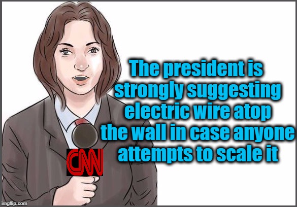 The president is strongly suggesting electric wire atop the wall in case anyone attempts to scale it | image tagged in reporter | made w/ Imgflip meme maker