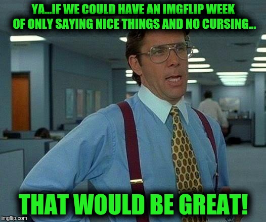 That Would Be Great | YA...IF WE COULD HAVE AN IMGFLIP WEEK OF ONLY SAYING NICE THINGS AND NO CURSING... THAT WOULD BE GREAT! | image tagged in memes,that would be great | made w/ Imgflip meme maker