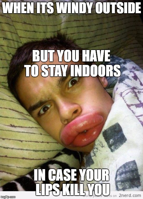 Fat lips | WHEN ITS WINDY OUTSIDE; BUT YOU HAVE TO STAY INDOORS; IN CASE YOUR LIPS KILL YOU | image tagged in fat lips | made w/ Imgflip meme maker