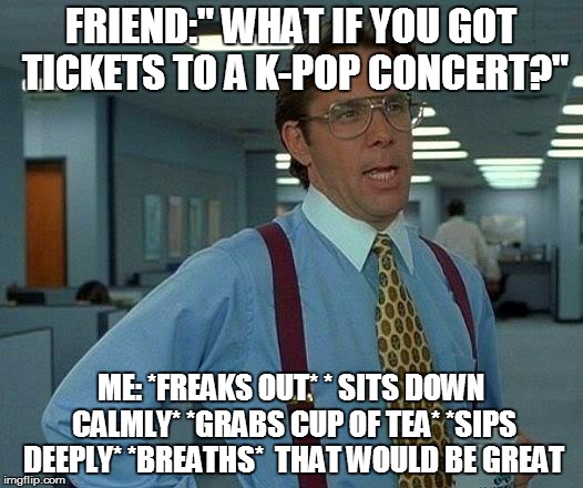 That Would Be Great Meme | FRIEND:" WHAT IF YOU GOT TICKETS TO A K-POP CONCERT?"; ME: *FREAKS OUT* * SITS DOWN CALMLY* *GRABS CUP OF TEA* *SIPS DEEPLY* *BREATHS*  THAT WOULD BE GREAT | image tagged in memes,that would be great | made w/ Imgflip meme maker