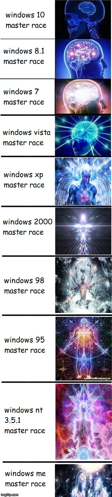 Expanding Brain - Windows Master Race | image tagged in expanding brain,expanding brain extended,brain meme,windows,windows master race,windows xp | made w/ Imgflip meme maker
