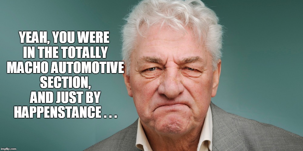 YEAH, YOU WERE IN THE TOTALLY MACHO AUTOMOTIVE SECTION, AND JUST BY HAPPENSTANCE . . . | made w/ Imgflip meme maker