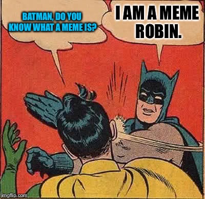 Batman Slapping Robin | BATMAN, DO YOU KNOW WHAT A MEME IS? I AM A MEME ROBIN. | image tagged in memes,batman slapping robin | made w/ Imgflip meme maker