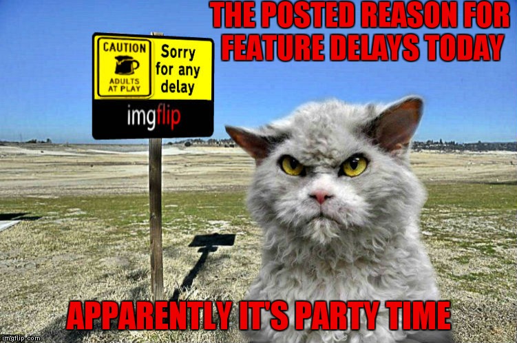 I just had to delete a meme they must have forgot about and try it again. This is my best guess for the delay... | THE POSTED REASON FOR FEATURE DELAYS TODAY; APPARENTLY IT'S PARTY TIME | image tagged in pompous imgflip delay,meanwhile on imgflip,feature time,hello this is dog | made w/ Imgflip meme maker