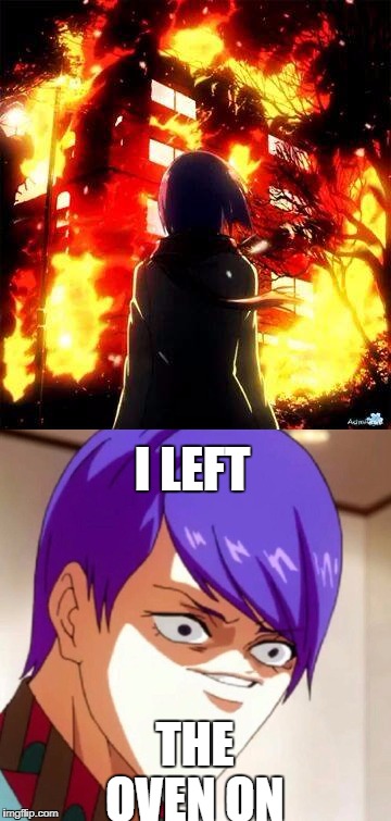 Why Anteiku burns down... | I LEFT; THE OVEN ON | image tagged in funny,animeme | made w/ Imgflip meme maker