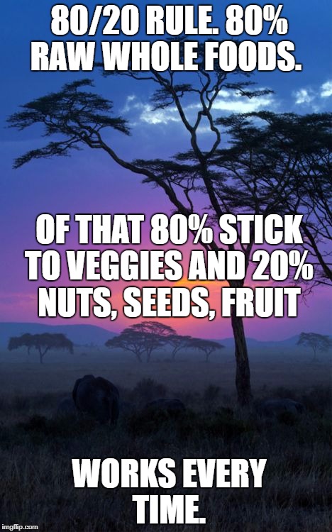 80/20 RULE. 80% RAW WHOLE FOODS. OF THAT 80% STICK TO VEGGIES AND 20% NUTS, SEEDS, FRUIT; WORKS EVERY TIME. | image tagged in health | made w/ Imgflip meme maker