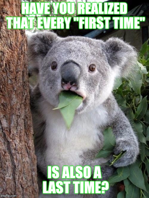 Not referring to sex here. | HAVE YOU REALIZED THAT EVERY "FIRST TIME"; IS ALSO A LAST TIME? | image tagged in surprised koala | made w/ Imgflip meme maker