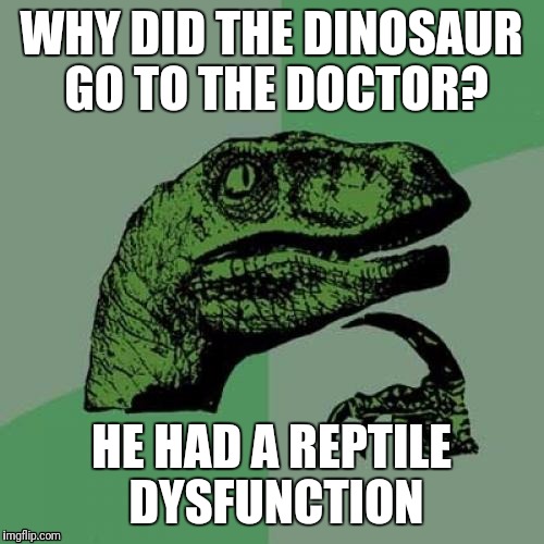 Philosoraptor Meme | WHY DID THE DINOSAUR GO TO THE DOCTOR? HE HAD A REPTILE DYSFUNCTION | image tagged in memes,philosoraptor | made w/ Imgflip meme maker