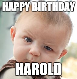 Skeptical Baby Meme | HAPPY BIRTHDAY; HAROLD | image tagged in memes,skeptical baby | made w/ Imgflip meme maker