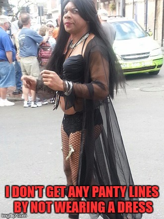pissy transvestite | I DON'T GET ANY PANTY LINES BY NOT WEARING A DRESS | image tagged in pissy transvestite | made w/ Imgflip meme maker
