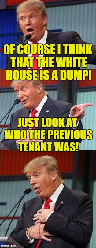 The occupants have been going downhill since 1989! | OF COURSE I THINK THAT THE WHITE HOUSE IS A DUMP! JUST LOOK AT WHO THE PREVIOUS TENANT WAS! | image tagged in bad pun trump,white house,dump | made w/ Imgflip meme maker