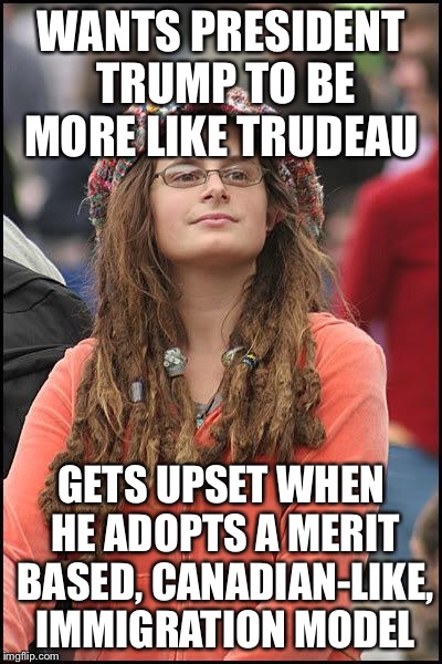 Hippie | WANTS PRESIDENT TRUMP TO BE MORE LIKE TRUDEAU; GETS UPSET WHEN HE ADOPTS A MERIT BASED, CANADIAN-LIKE, IMMIGRATION MODEL | image tagged in hippie | made w/ Imgflip meme maker