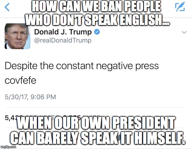 I specifically mean from the country, not imgflip. | HOW CAN WE BAN PEOPLE WHO DON'T SPEAK ENGLISH... WHEN OUR OWN PRESIDENT CAN BARELY SPEAK IT HIMSELF. | image tagged in donald trump,immigration,english only,covfefe,fascist | made w/ Imgflip meme maker