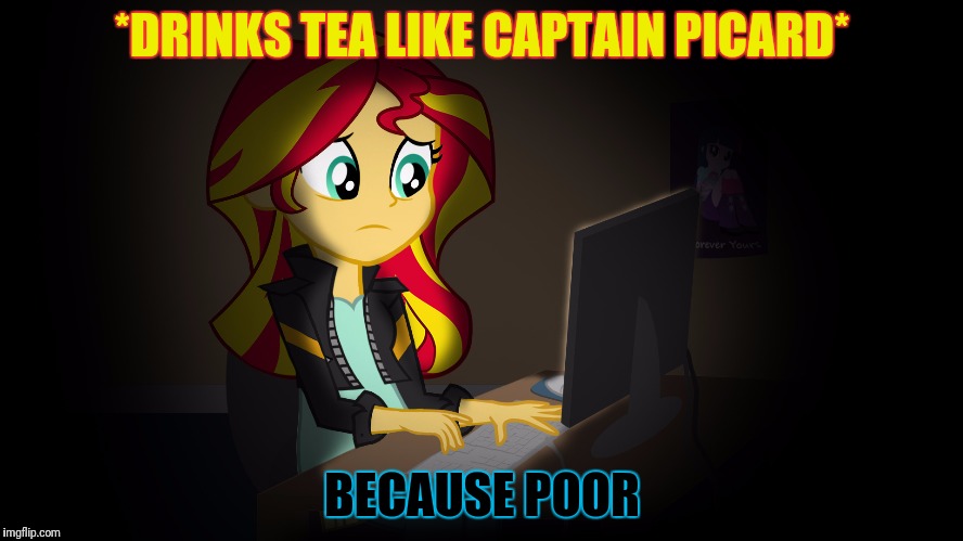 OneDoesNotSimplyFuckWithSunsetsFacebook | *DRINKS TEA LIKE CAPTAIN PICARD* BECAUSE POOR | image tagged in onedoesnotsimplyfuckwithsunsetsfacebook | made w/ Imgflip meme maker