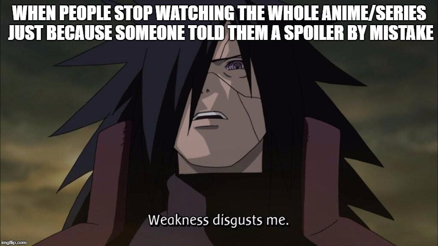 Weakness disgusts me | WHEN PEOPLE STOP WATCHING THE WHOLE ANIME/SERIES JUST BECAUSE SOMEONE TOLD THEM A SPOILER BY MISTAKE | image tagged in weakness disgusts me | made w/ Imgflip meme maker