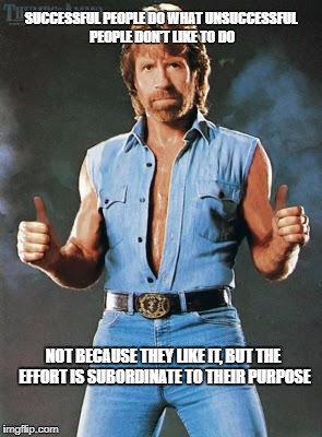 Chuck Norris on Success & Purpose | SUCCESSFUL PEOPLE DO WHAT UNSUCCESSFUL PEOPLE DON'T LIKE TO DO; NOT BECAUSE THEY LIKE IT, BUT THE EFFORT IS SUBORDINATE TO THEIR PURPOSE | image tagged in chuck norris,success,purpose | made w/ Imgflip meme maker