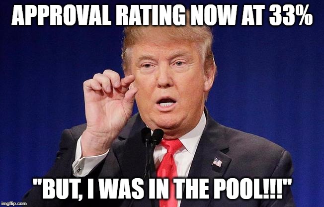 Shrinkage.... | APPROVAL RATING NOW AT 33%; "BUT, I WAS IN THE POOL!!!" | image tagged in trump,donald trump,shrinkage,approval rating,politics,white house | made w/ Imgflip meme maker