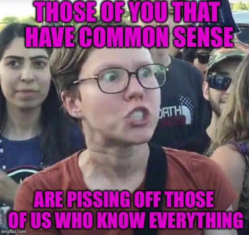 Triggered feminist | THOSE OF YOU THAT HAVE COMMON SENSE; ARE PISSING OFF THOSE OF US WHO KNOW EVERYTHING | image tagged in triggered feminist | made w/ Imgflip meme maker