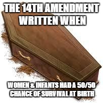 coffin | THE 14TH AMENDMENT WRITTEN WHEN; WOMEN & INFANTS HAD A 50/50 CHANCE OF SURVIVAL AT BIRTH | image tagged in coffin | made w/ Imgflip meme maker