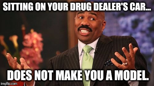 Steve Harvey Meme | SITTING ON YOUR DRUG DEALER'S CAR... DOES NOT MAKE YOU A MODEL. | image tagged in memes,steve harvey | made w/ Imgflip meme maker