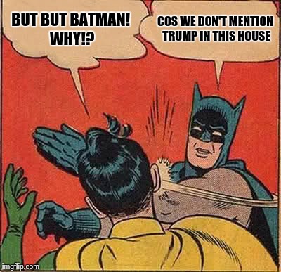 Batman Slapping Robin | BUT BUT BATMAN! WHY!? COS WE DON'T MENTION TRUMP IN THIS HOUSE | image tagged in memes,batman slapping robin | made w/ Imgflip meme maker