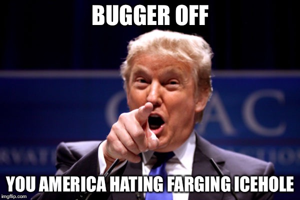 Your President BWHA-HA-HA! | BUGGER OFF YOU AMERICA HATING FARGING ICEHOLE | image tagged in your president bwha-ha-ha | made w/ Imgflip meme maker