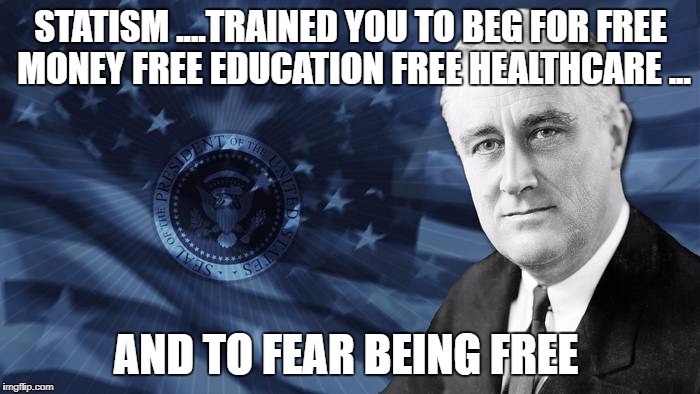 FDR Government | STATISM ....TRAINED YOU TO BEG FOR FREE MONEY FREE EDUCATION FREE HEALTHCARE ... AND TO FEAR BEING FREE | image tagged in fdr government | made w/ Imgflip meme maker