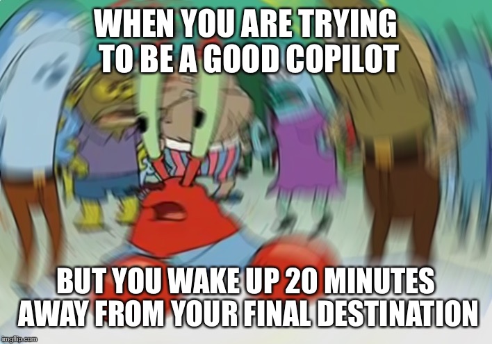 Mr Krabs Blur Meme | WHEN YOU ARE TRYING TO BE A GOOD COPILOT; BUT YOU WAKE UP 20 MINUTES AWAY FROM YOUR FINAL DESTINATION | image tagged in memes,mr krabs blur meme | made w/ Imgflip meme maker