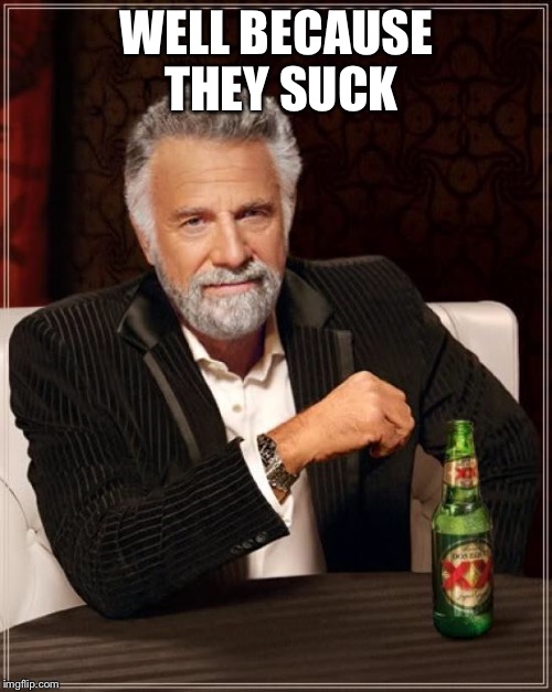 The Most Interesting Man In The World Meme | WELL BECAUSE THEY SUCK | image tagged in memes,the most interesting man in the world | made w/ Imgflip meme maker