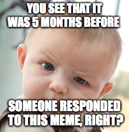 YOU SEE THAT IT WAS 5 MONTHS BEFORE SOMEONE RESPONDED TO THIS MEME, RIGHT? | image tagged in memes,skeptical baby | made w/ Imgflip meme maker
