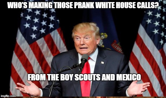 Phantom phone calls | WHO'S MAKING THOSE PRANK WHITE HOUSE CALLS? FROM THE BOY SCOUTS AND MEXICO | image tagged in trump,liar | made w/ Imgflip meme maker