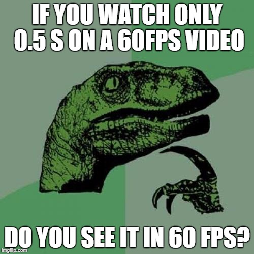Philosoraptor | IF YOU WATCH ONLY 0.5 S ON A 60FPS VIDEO; DO YOU SEE IT IN 60 FPS? | image tagged in memes,philosoraptor | made w/ Imgflip meme maker