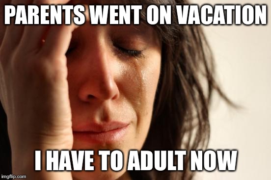 I'm 23 years old and I still live with my parents who feed me | PARENTS WENT ON VACATION; I HAVE TO ADULT NOW | image tagged in memes,first world problems | made w/ Imgflip meme maker