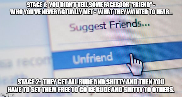 Unfriend stages before unfriending | STAGE 1:  YOU DIDN'T TELL SOME FACEBOOK "FRIEND" - WHO YOU'VE NEVER ACTUALLY MET -  WHAT THEY WANTED TO HEAR... STAGE 2:  THEY GET ALL RUDE AND SHITTY AND THEN YOU HAVE TO SET THEM FREE TO GO BE RUDE AND SHITTY TO OTHERS. | image tagged in unfriend,stages,facebook | made w/ Imgflip meme maker