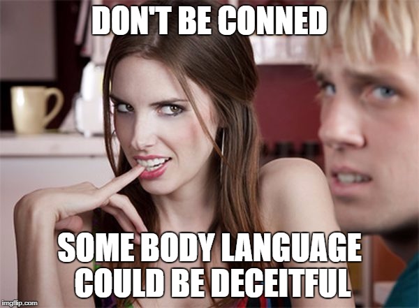 con artist | DON'T BE CONNED; SOME BODY LANGUAGE COULD BE DECEITFUL | image tagged in scammers | made w/ Imgflip meme maker