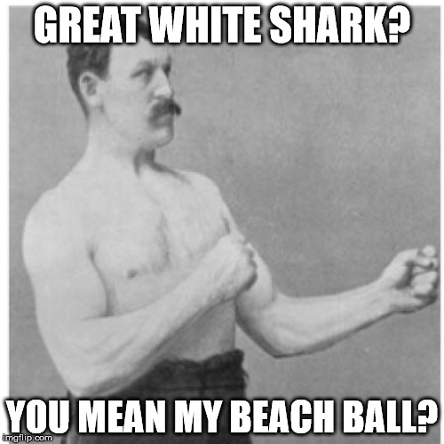 Overly Manly Man Meme | GREAT WHITE SHARK? YOU MEAN MY BEACH BALL? | image tagged in memes,overly manly man | made w/ Imgflip meme maker