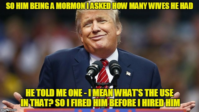 SO HIM BEING A MORMON I ASKED HOW MANY WIVES HE HAD HE TOLD ME ONE - I MEAN WHAT'S THE USE IN THAT? SO I FIRED HIM BEFORE I HIRED HIM | made w/ Imgflip meme maker