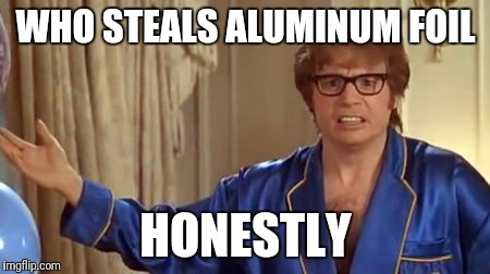 Austin Powers Honestly Meme | WHO STEALS ALUMINUM FOIL; HONESTLY | image tagged in memes,austin powers honestly | made w/ Imgflip meme maker