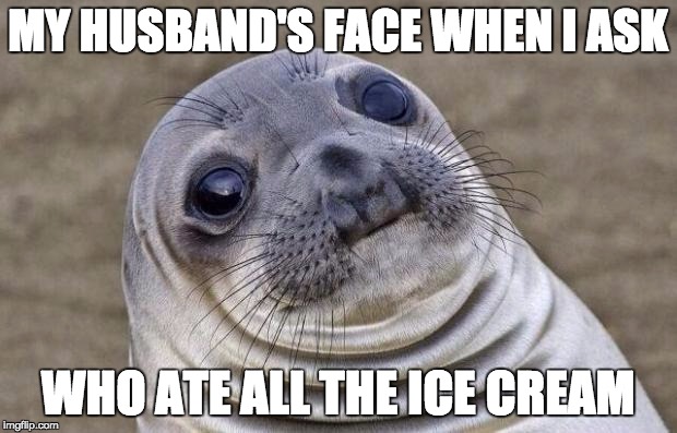 Awkward Moment Sealion Meme | MY HUSBAND'S FACE WHEN I ASK; WHO ATE ALL THE ICE CREAM | image tagged in memes,awkward moment sealion | made w/ Imgflip meme maker