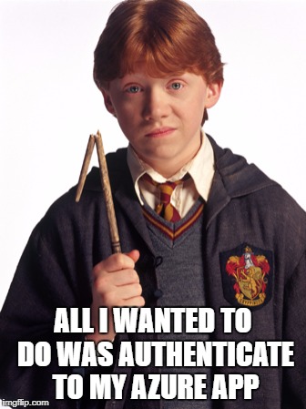 Ron Weasley Broken wand | ALL I WANTED TO DO WAS AUTHENTICATE TO MY AZURE APP | image tagged in ron weasley broken wand | made w/ Imgflip meme maker