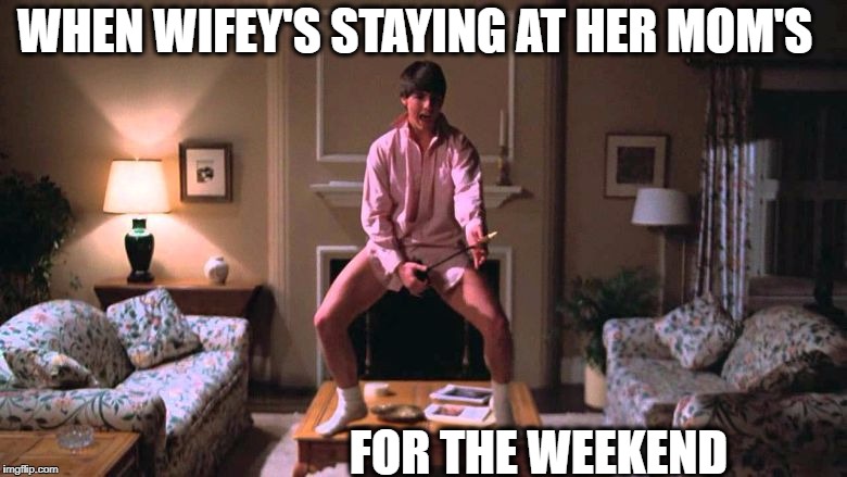 PARTY AT MY HOUSE!! | WHEN WIFEY'S STAYING AT HER MOM'S; FOR THE WEEKEND | image tagged in happy,freedom,party | made w/ Imgflip meme maker