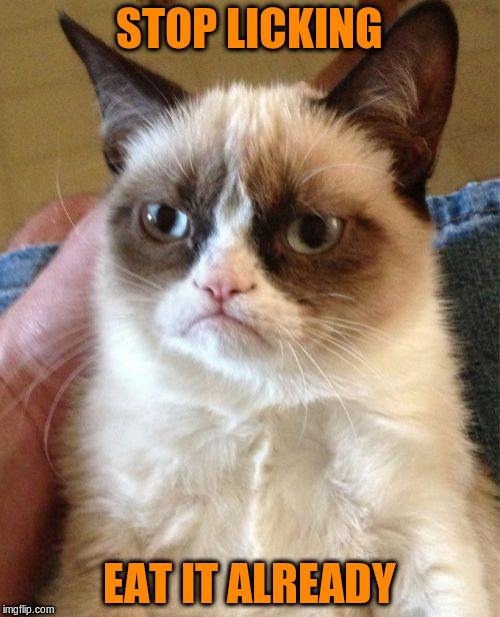Grumpy Cat Meme | STOP LICKING EAT IT ALREADY | image tagged in memes,grumpy cat | made w/ Imgflip meme maker